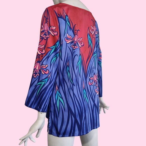 Bob Mackie Wearable Art Botanical Floral Fantasy Rust Periwinkle Tunic Top Sz M - Picture 4 of 8